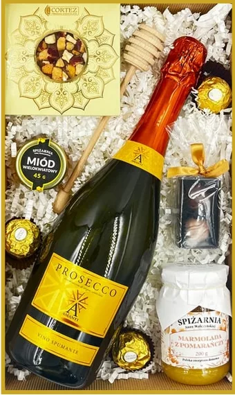 Kosz upominkowy z Prosecco Amanti, marmoladą z pomarańczy, miodem wielokwiatowym i elegancką czekoladą Cortez.